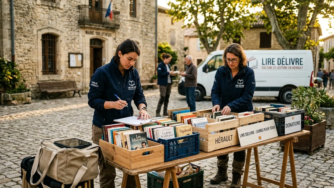 Équipe de terrain de LIRE DÉLIVRE menant un inventaire documentaire à Valergues